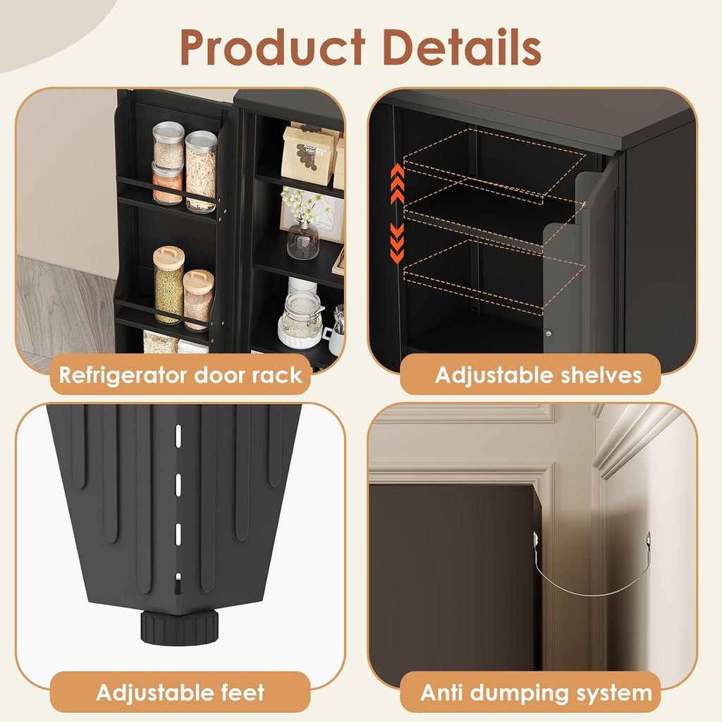 erosoei 51' H Metal Kitchen Pantry Storage Cabinet,Storage Cabinets with Doors and Adjustable Shelves,Freestanding Food Pantry Cabinet Cupboard for Living Room,Dinning Room (Black)