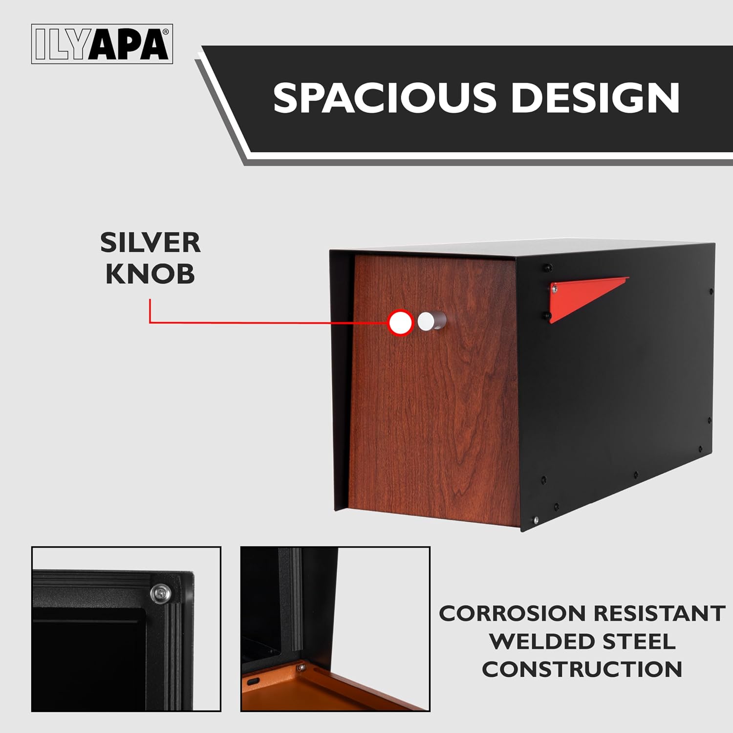 Ilyapa Post Mount Modern Mailbox - Black Exterior Powder Coated & Hydro Print Cherry Wood Grain Printed Door, Letterbox with Recessed Magnetic Close Door
