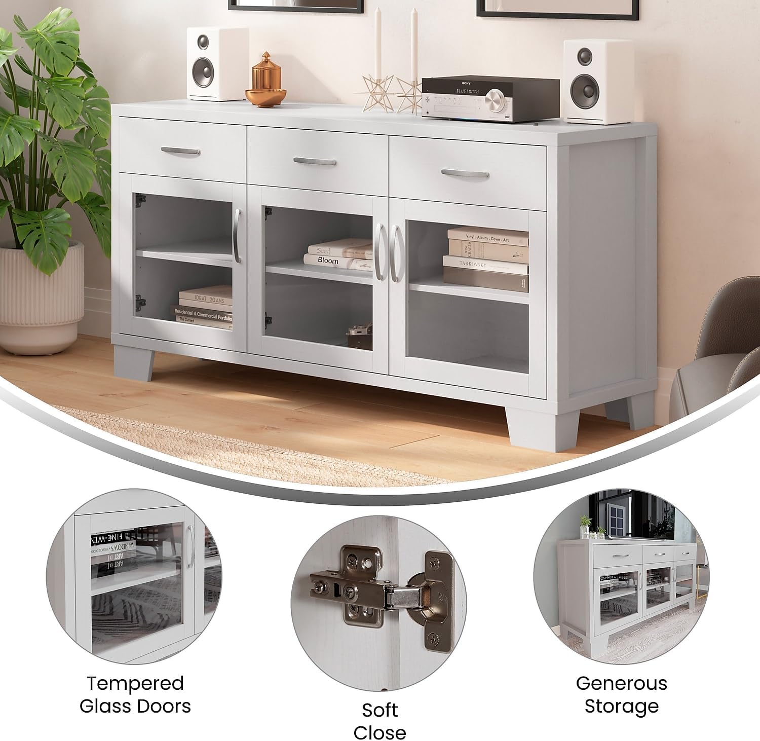 Flash Furniture Wells Modern Buffet Sideboard Storage Cabinet, Engineered Wood Construction, 3 Tempered Glass Soft Close Doors, 3 Drawers, 59', White