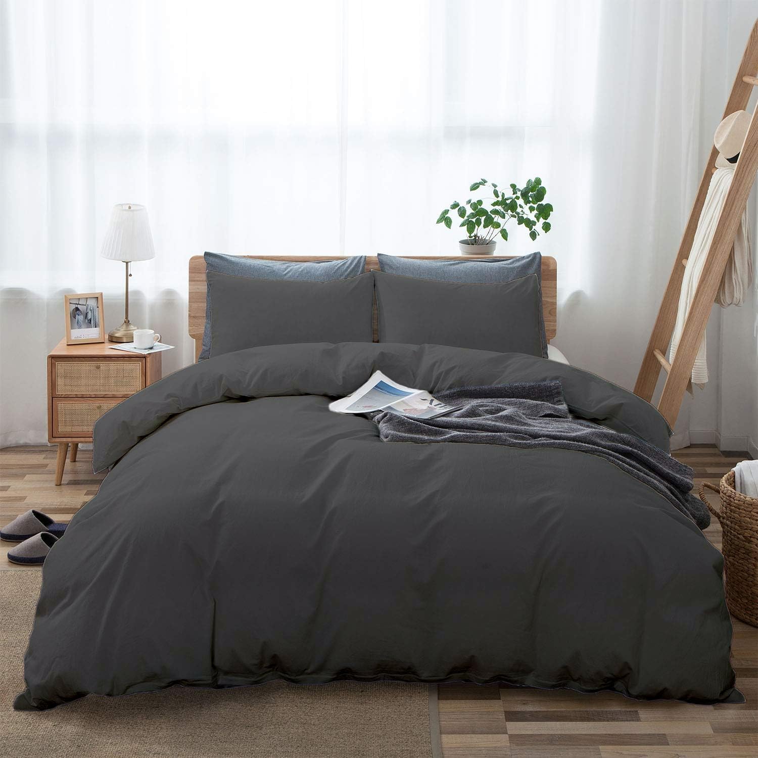 Dark Gray Duvet Cover Set Oversized Queen Size 1 Duvet Cover with 2 Pillow Shams 3-Pc Comforter Cover with Zipper Closure & Corner Tie 100% Egyptian Cotton Cover (98x98 Inch, Dark Gray)