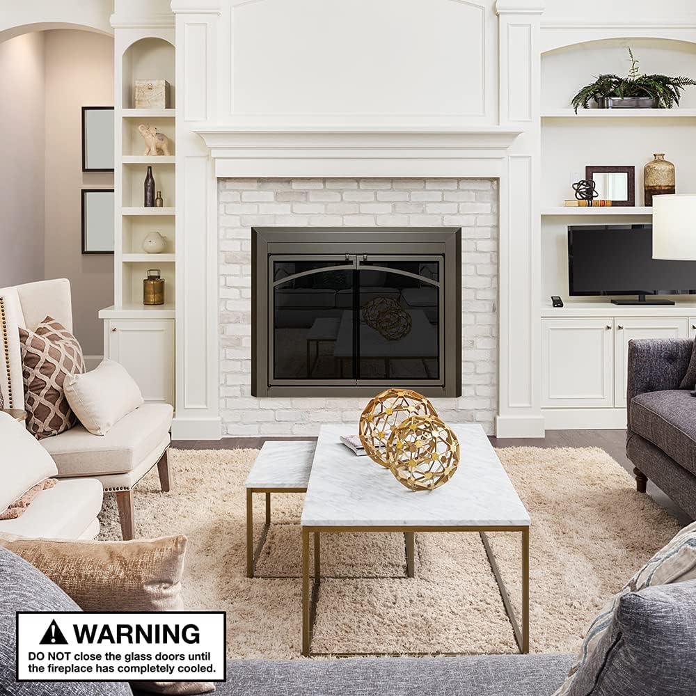 UniFlame - Gerri - Cabinet-Style Fireplace Doors with Smoke Tempered Glass (Color: Gunmetal, Size: Medium - Fits Opening 30in to 37in W x 25.5in to 32.5in H)