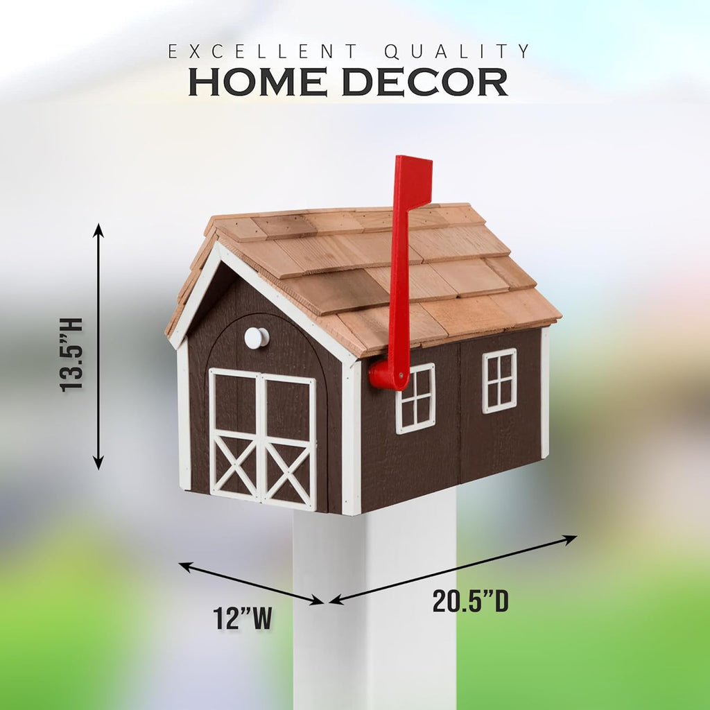 Peaceful Classics Amish Cedar Roof Wooden Mailbox with Window & Door Trim, Handcrafted Mailboxes for Outside, Post Mount Residential Mailboxes - (Red with White Trim)