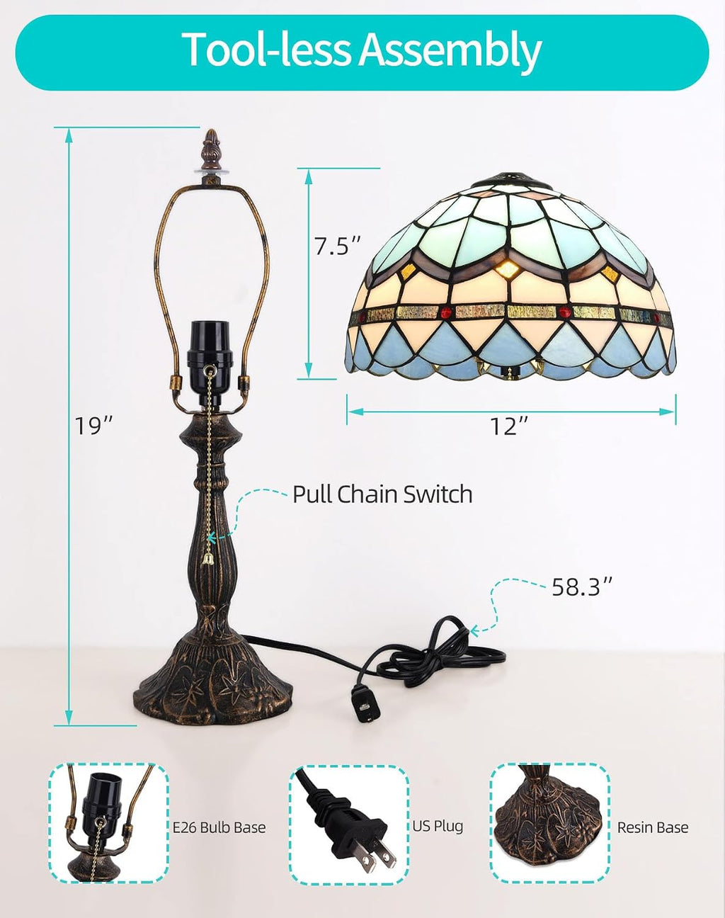 Tiffany Table Lamp, 12-inch Mediterranean Blue Style, Stained Glass Lamp for Living Room, Dining Room, Bedroom, Study Room, Office