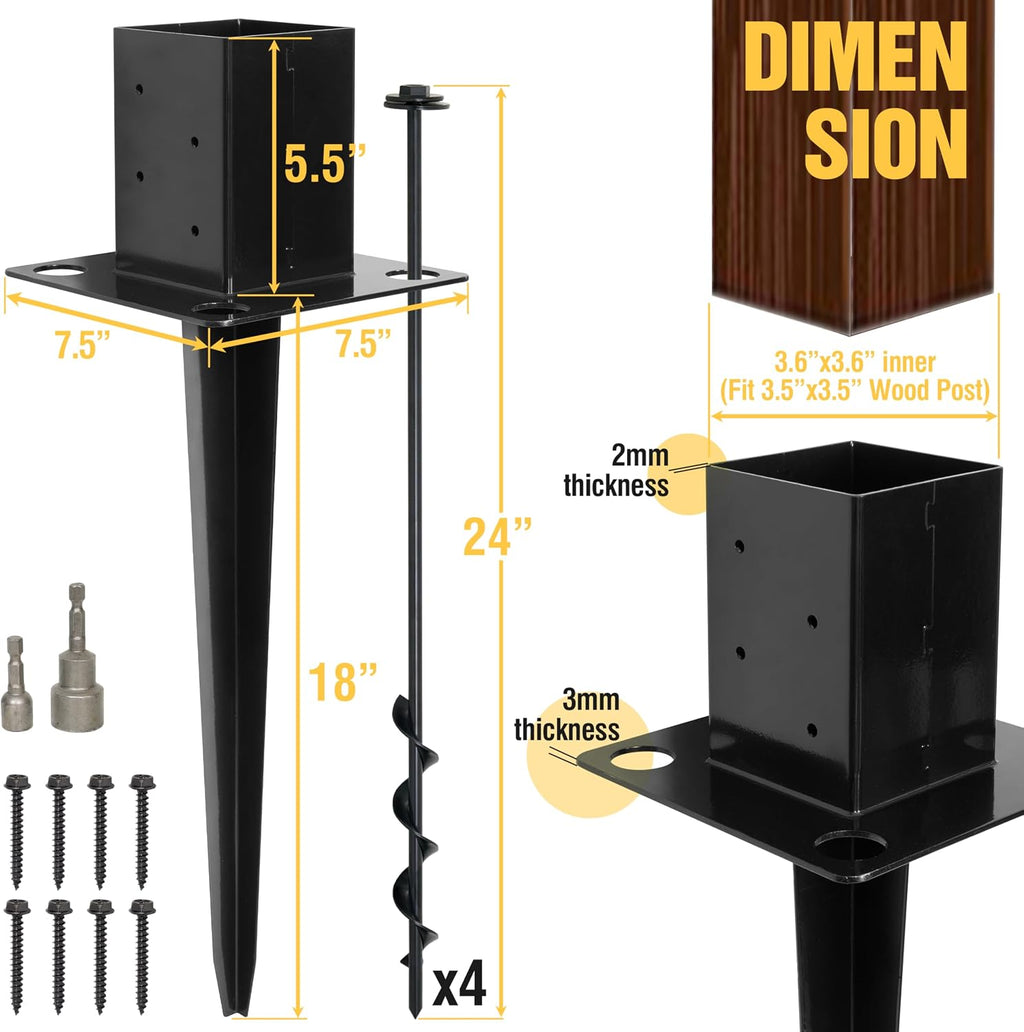 LADECH Set of 4 4x4 Fence Post Anchor Ground Spike 24' Length with Ground Anchors Screw in - Metal Black Powder Coated – Mailbox Post Anchors – Fit 3.5x3.5 Square