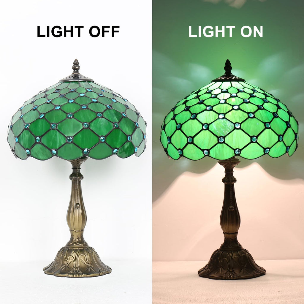 Stained Glass Table Lamp,Green Pearl Style Lamp,12X12X19 Inch Reading Light,Vintage Glass Desk Light for Living Room Bedroom