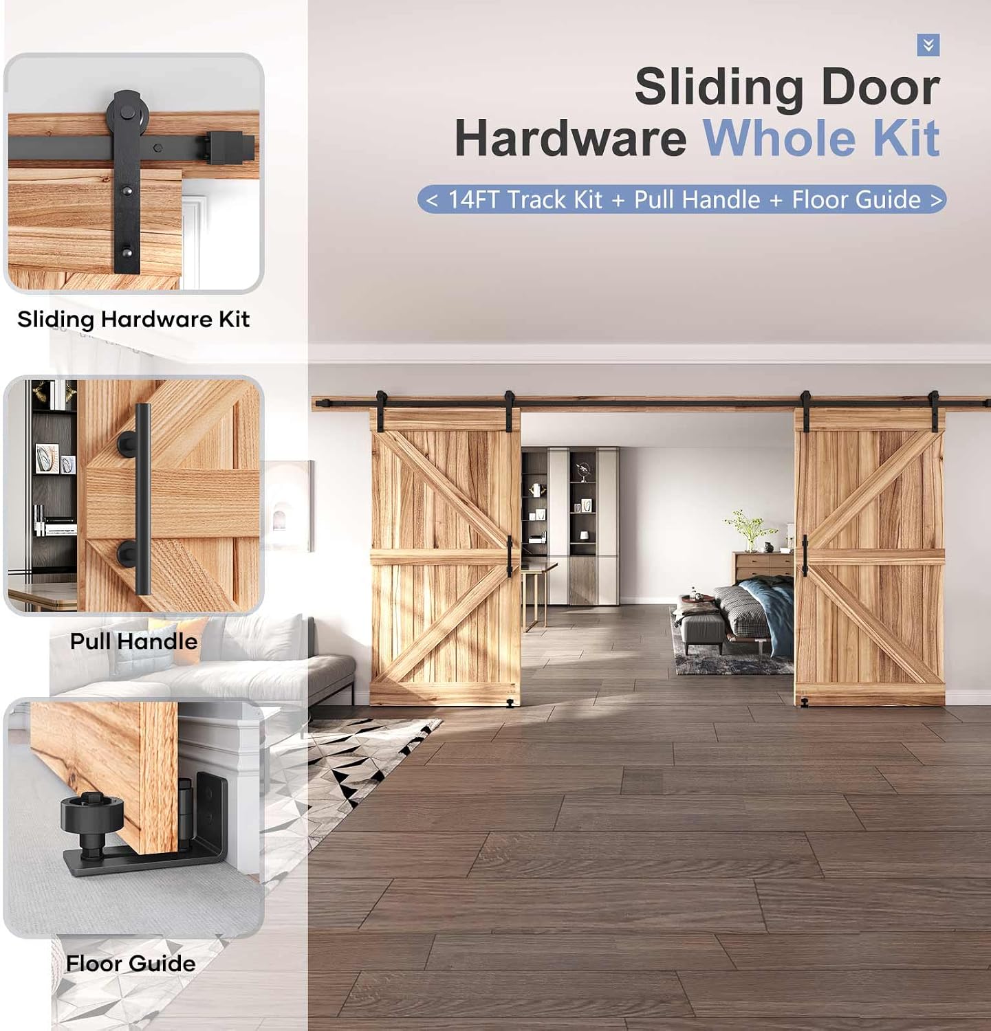 EaseLife 14 FT Double Sliding Barn Door Track and Handle Hardware Kit,Straight Pulley,Slide Smoothly Quietly,Easy Install (14FT Track Kit for 40'~42' Wide Double Door)