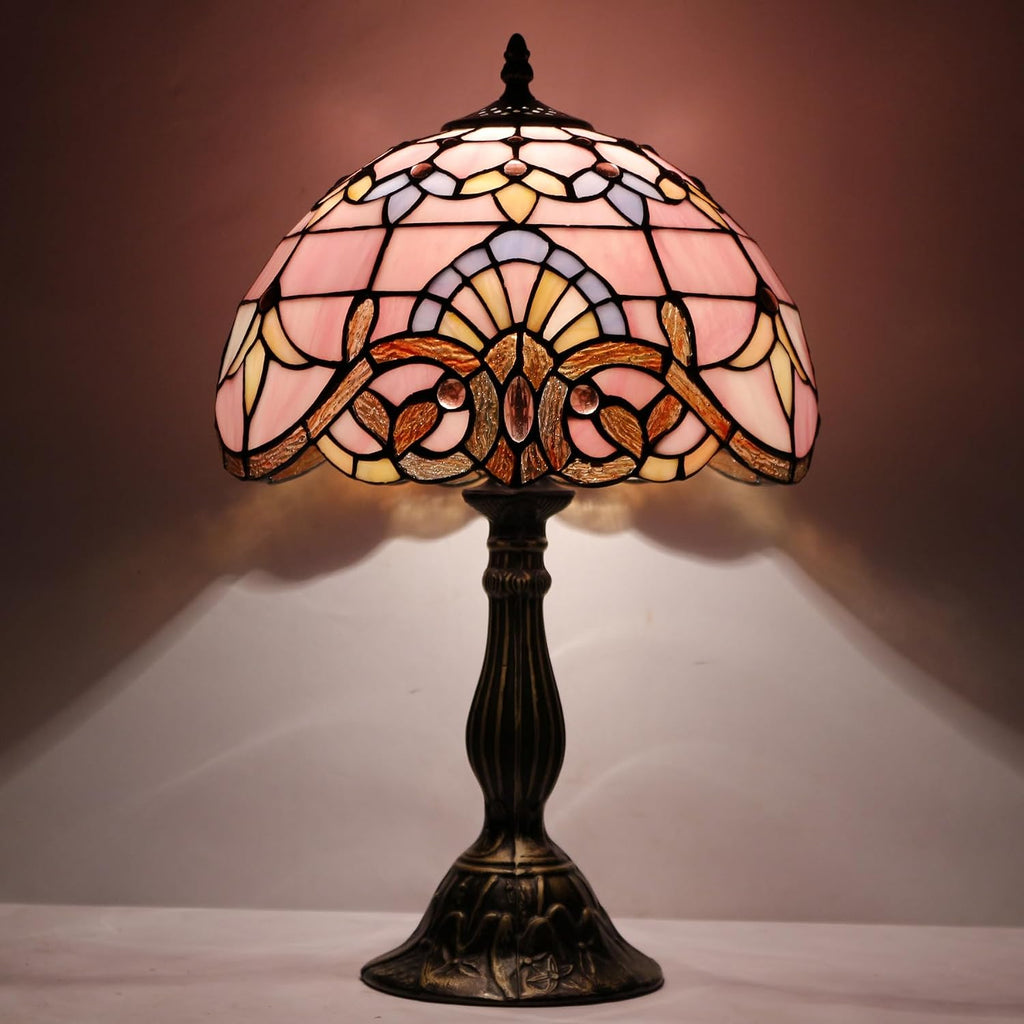 WERFACTORY Tiffany Lamp Stained Glass Table Lamp 12X12X18 Inch Pink Baroque Style Lavender Bedside Reading Desk Light Decor Bedroom Living Room Home Office S003P Series