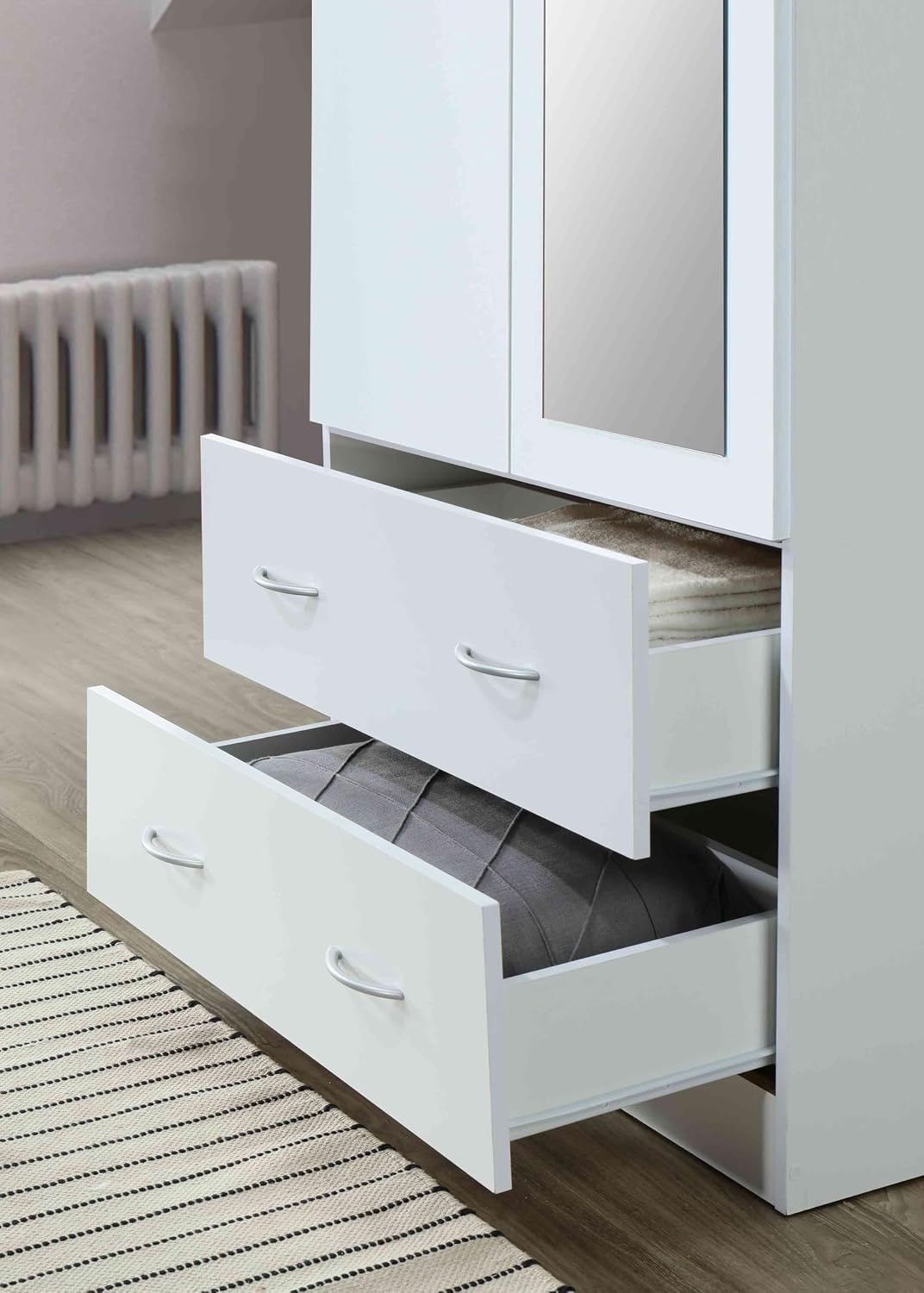 HODEDAH 2 Door Wood Wardrobe Bedroom Closet with Clothing Rod inside Cabinet, 2 Drawers for Storage and Mirror, White