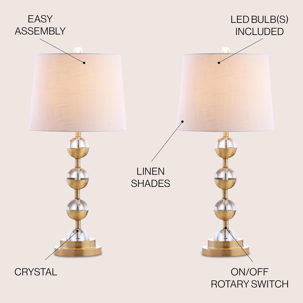 JONATHAN Y 27.5' Clear/Brass Gold Crystal LED Table Lamp Set of 2 for Bedroom, Modern Stacked Sphere Lamps for Living Room, White Linen Drum Shade, LED Bulbs Included JYL2049A-SET2