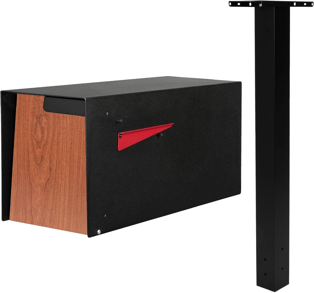 Ilyapa Modern Mailbox & Post Mount: 21' Black Heavy-Duty Metal Mail Box with Redwood Grain Trim & 43' Post Sleeve with Universal Mounting Plates for Curbside Residential Mailboxes