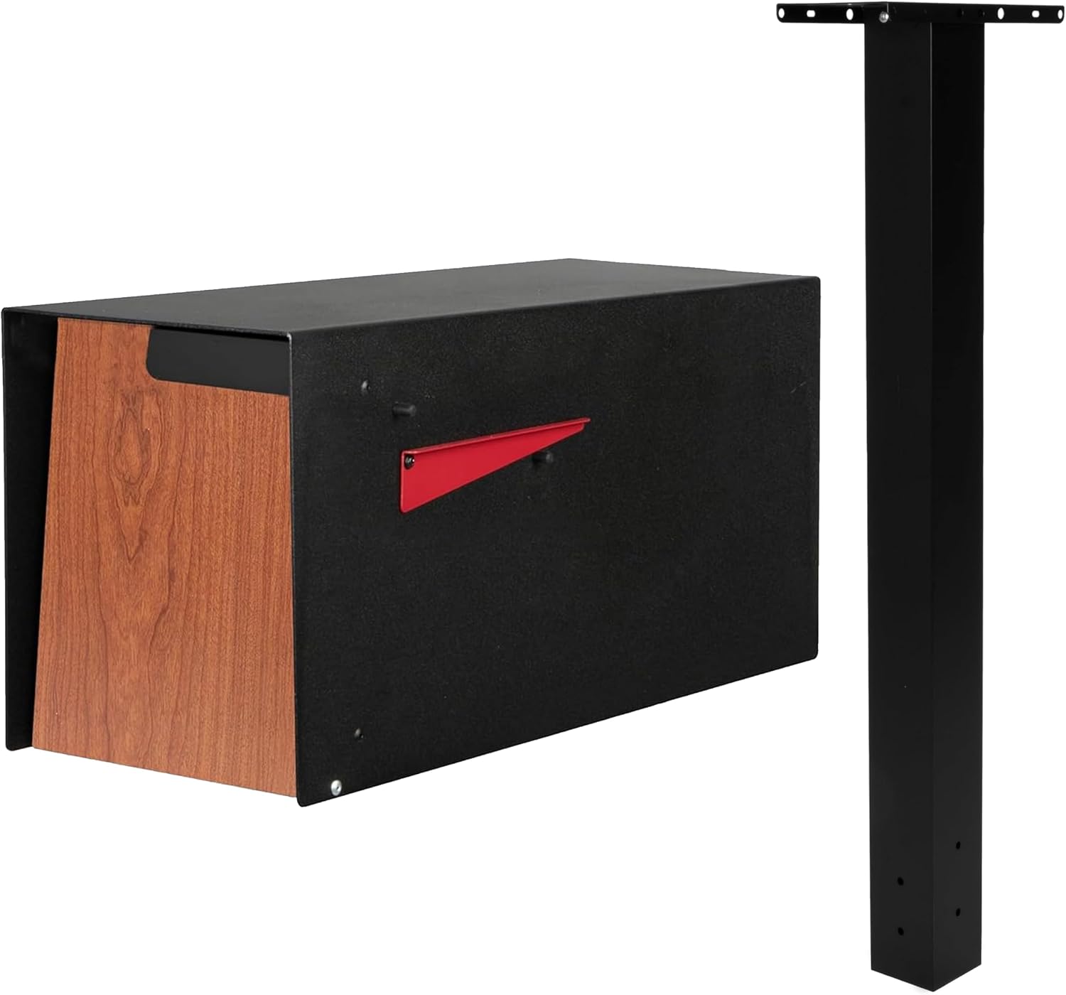 Ilyapa Modern Mailbox & Post Mount: 21' Black Heavy-Duty Metal Mail Box with Redwood Grain Trim & 43' Post Sleeve with Universal Mounting Plates for Curbside Residential Mailboxes