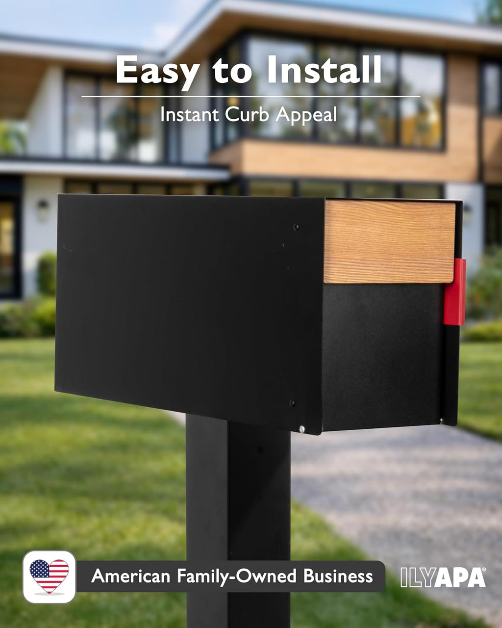 Ilyapa Modern Curbside Mailbox & Post Kit: All Weather Powder-Coated Steel Mail Box with Magnetic Door, Stainless Hinges, and Heavy-Duty 43' Metal Post Sleeve Mount