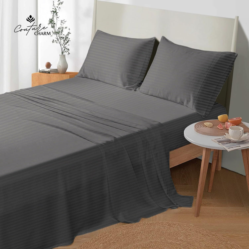 Queen Size 1000 Thread Count 100% Egyptian Cotton Sheet Set, 4-Piece, Sateen Weave, with 10-12'' Deep Pocket Snug Fit (Stripe, Grey)