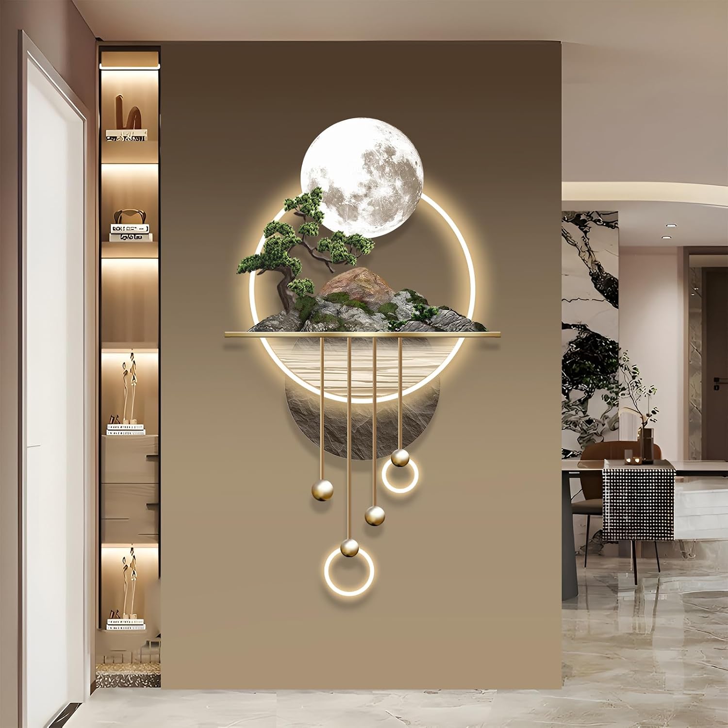 XQDYSG 3D Art Wall Decor with Light, Decor Wall Sculptures Large 3D Art, Modern Home Decor Landscape Wall Sculpture, Plug-in Power Supply, Gold A, 23x49IN