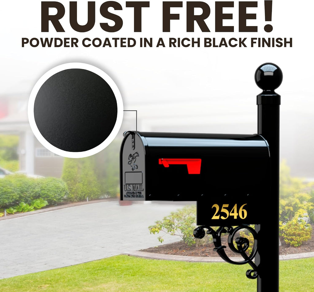 Black Mailbox with Post and Number Plate - The Regency
