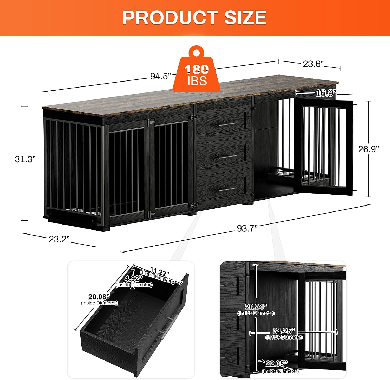 Rophefx 94.5' Dog Crate Furniture for 2 Dogs, Large Dog Kennel Furniture with 3 Storage Drawer, Wooden Dog Cage with 4 Bowls, Indoor Dog House TV Stand with Locks for Large Medium Dog, Black