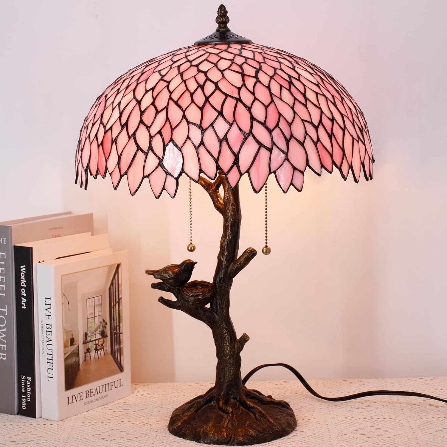 Large Tiffany Lamp Shade Replacement Only 16Inch Stained Glass Lampshade Fit For Table Lamps FLoor Lamp Ceiling Fixture Pendant Hanging Light Home Office Decoration (Pink Wisteria)