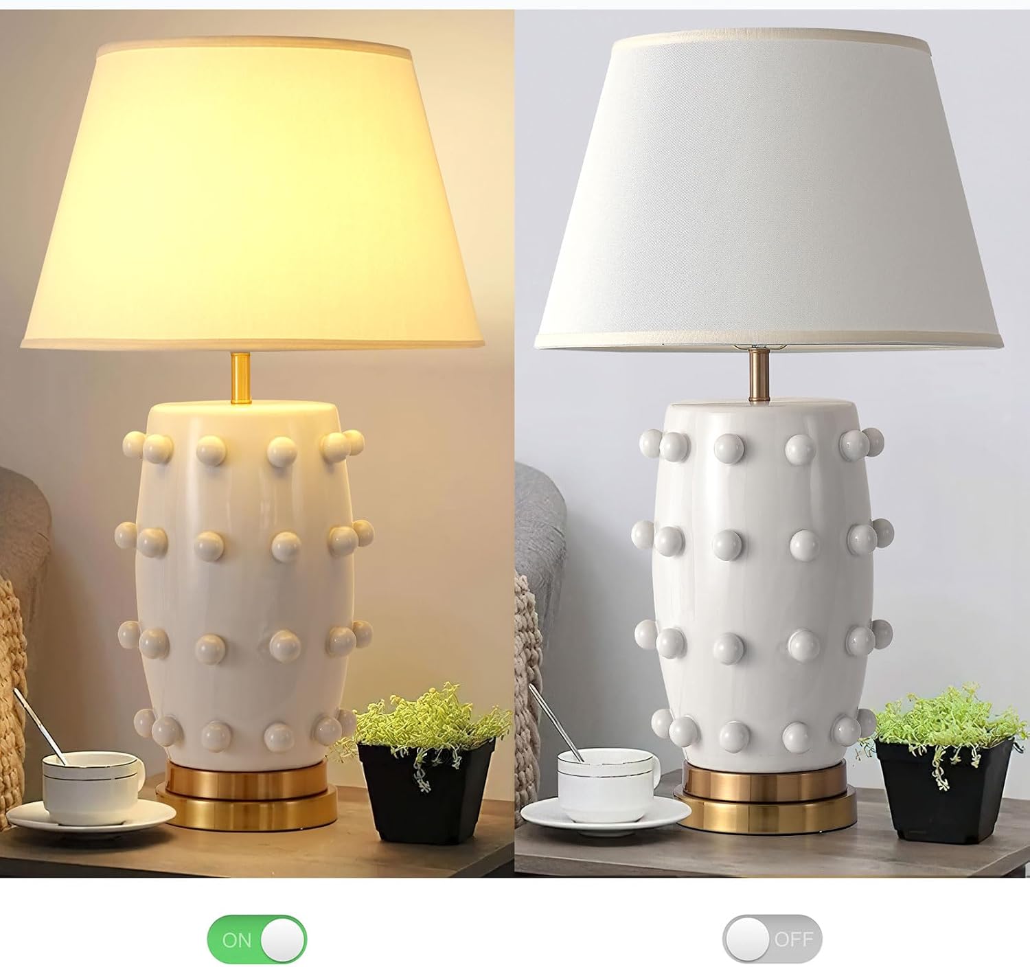Modern Ceramic Linden Table Lamp - 30' White Ball Farmhouse Design, Classic Nightstand Large Linden Lamp Tapered Drum Shade for Living Room, Bedroom, Office, and Home （White）