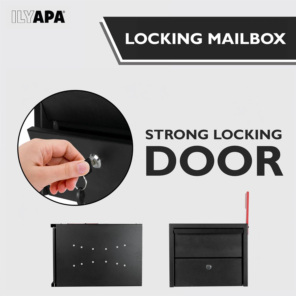 Ilyapa Locking Mailbox with Lock and Key Modern Mailboxes for Outside Post Mount - Black Powder Coated Steel, All Weather & Corrosion Resistant, Stainless Steel, Security