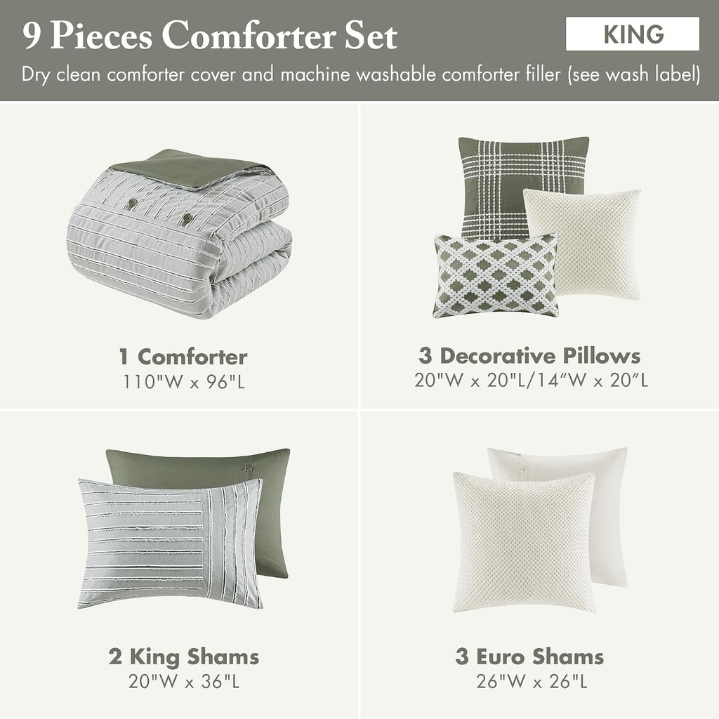 Madison Park Queen Comforter Set Cotton Clipped Jacquard, Oversized Comforters Queen Size Bed, All Season Down Alternative Overfilled Queen Size Comforter, Essence, Full/Queen Green 8 Piece