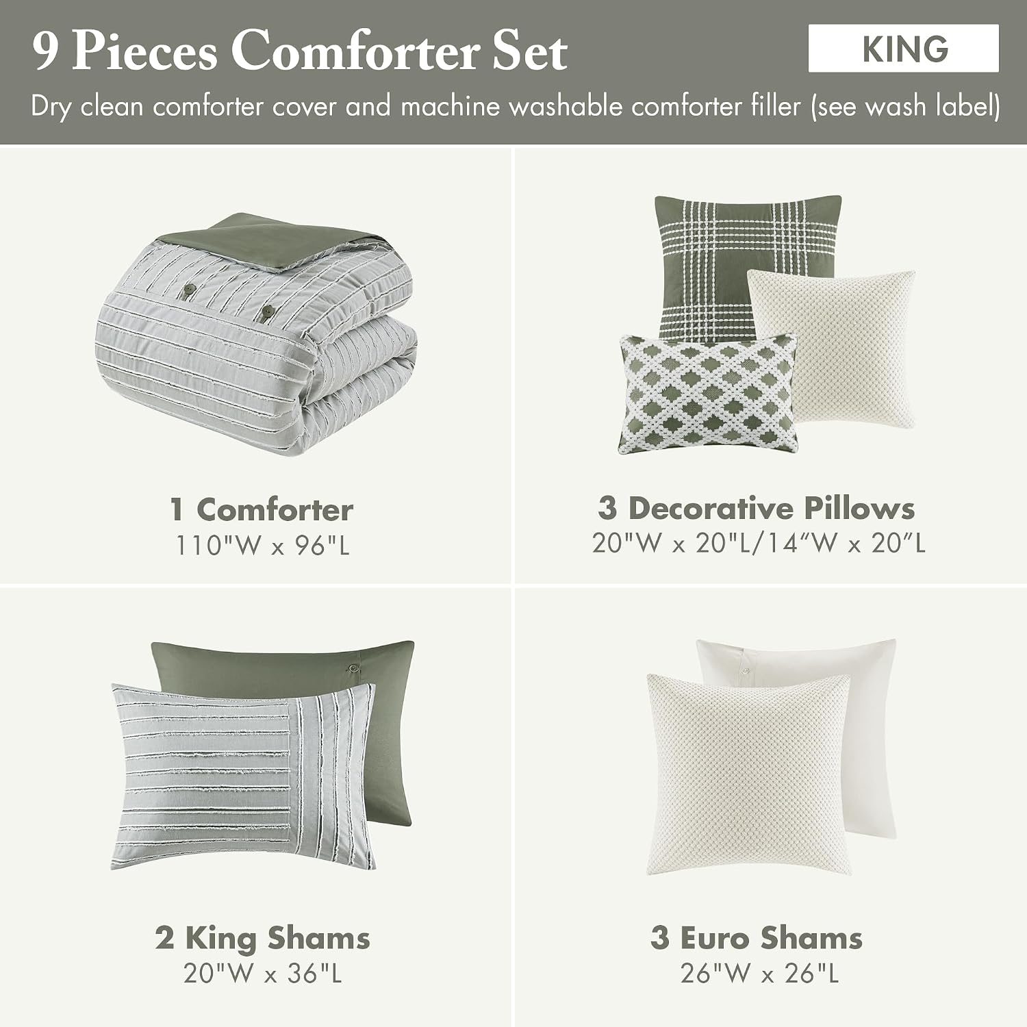 Madison Park Queen Comforter Set Cotton Clipped Jacquard, Oversized Comforters Queen Size Bed, All Season Down Alternative Overfilled Queen Size Comforter, Essence, Full/Queen Green 8 Piece