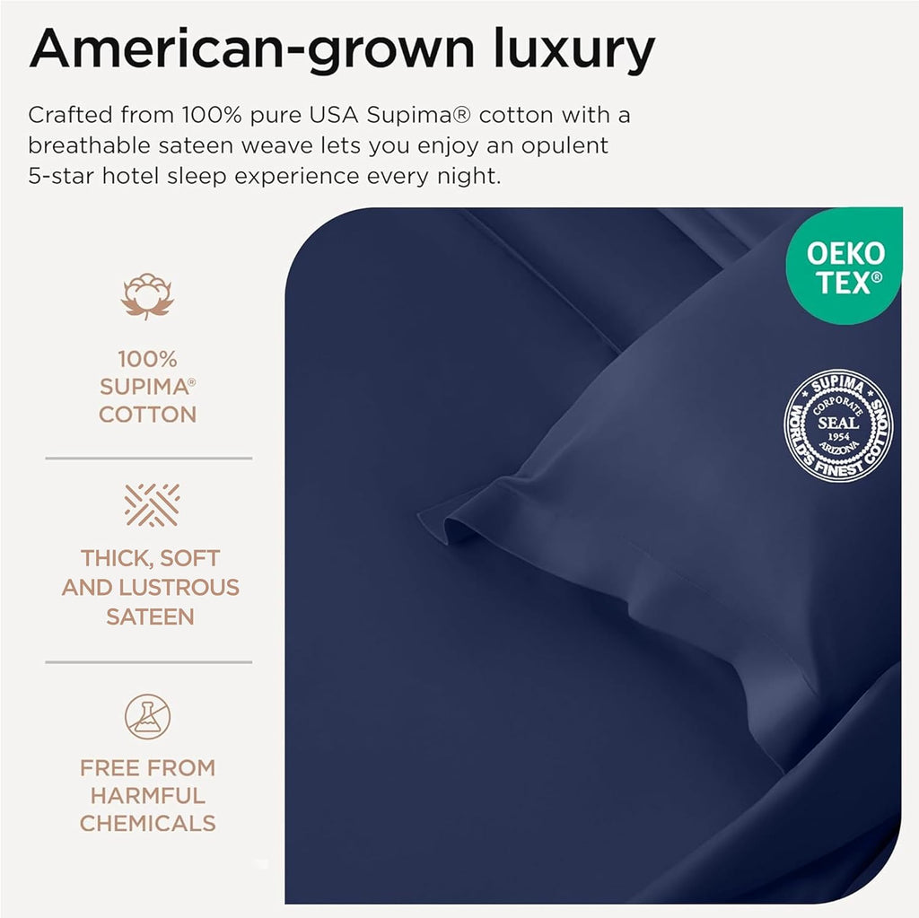 Threadmill Supima Cotton Sheets Queen, 1000 Thread Count Queen Sheets for Queen Mattresses, 4 Piece Luxury Bed Sheets, Sateen Weave Hotel Quality Sheet with Elasticized Deep Pocket, Folkstone Blue