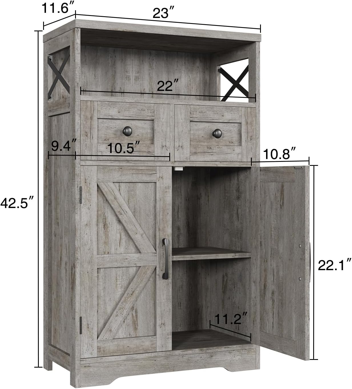 Befrases Set of 2 Farmhouse Storage Cabinet with Drawers and Adjustable Shelves, Freestanding Kitchen Pantry Storage Cabinet, Floor Storage Cupboard for Dining Living Room Home Office, Washed Grey