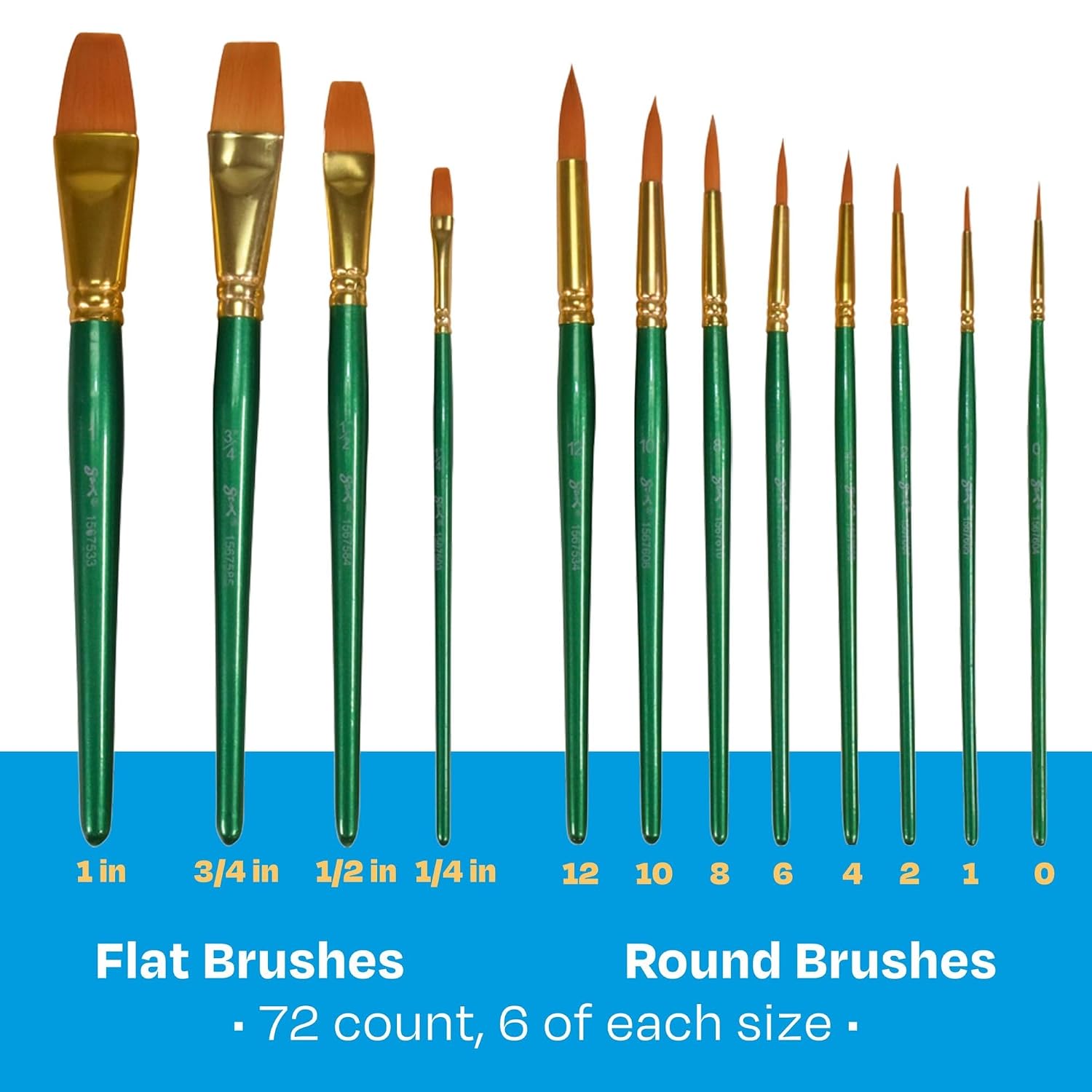 Sax Optimum Golden Synthetic Taklon Paint Brushes, Assorted Sizes, Set of 72 - 404637