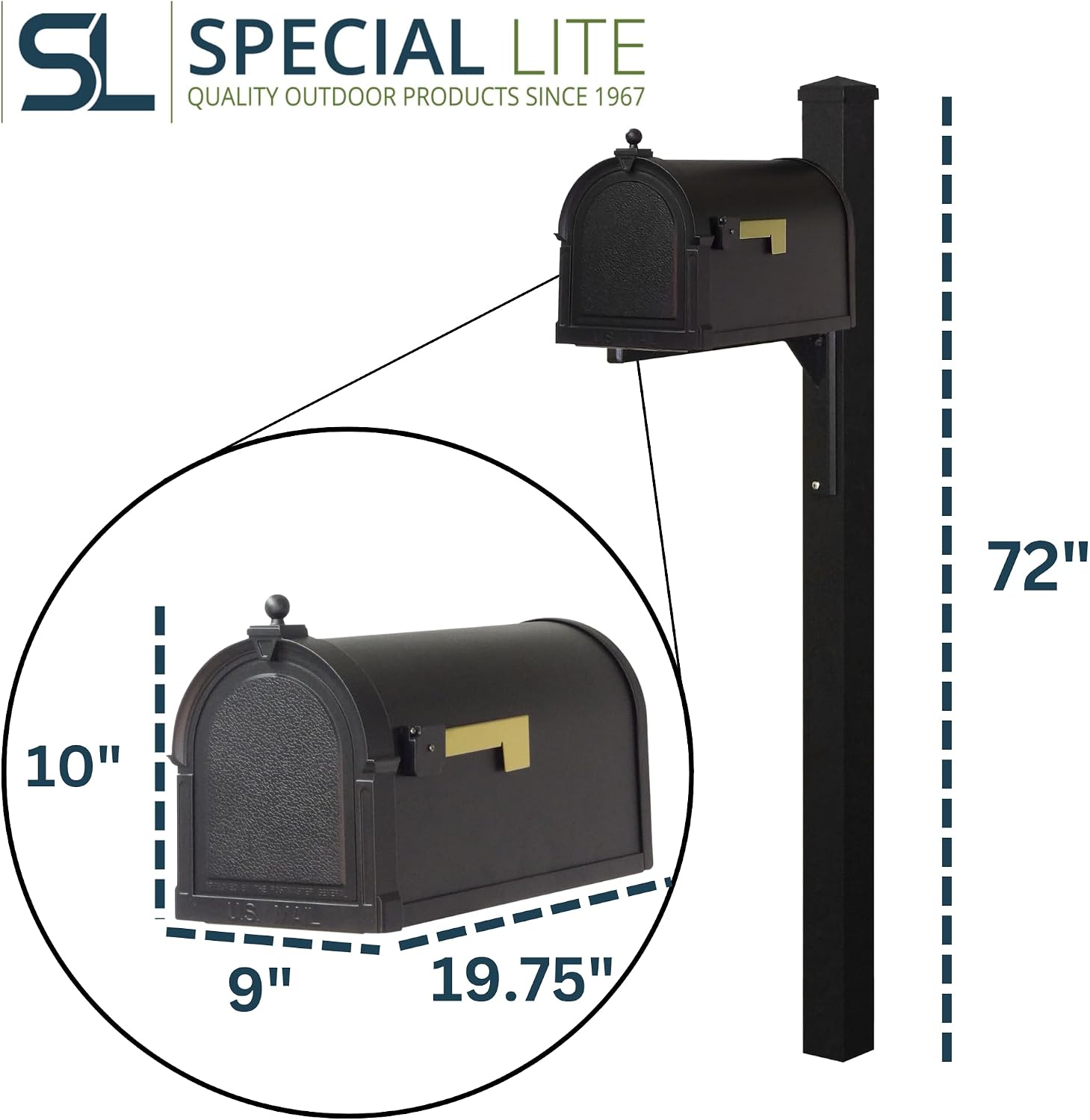 Special Lite Berkshire Curbside Mailbox with Wellington Post - Black Aluminum Mailbox with Post - SCB1015_SPK720-BLK