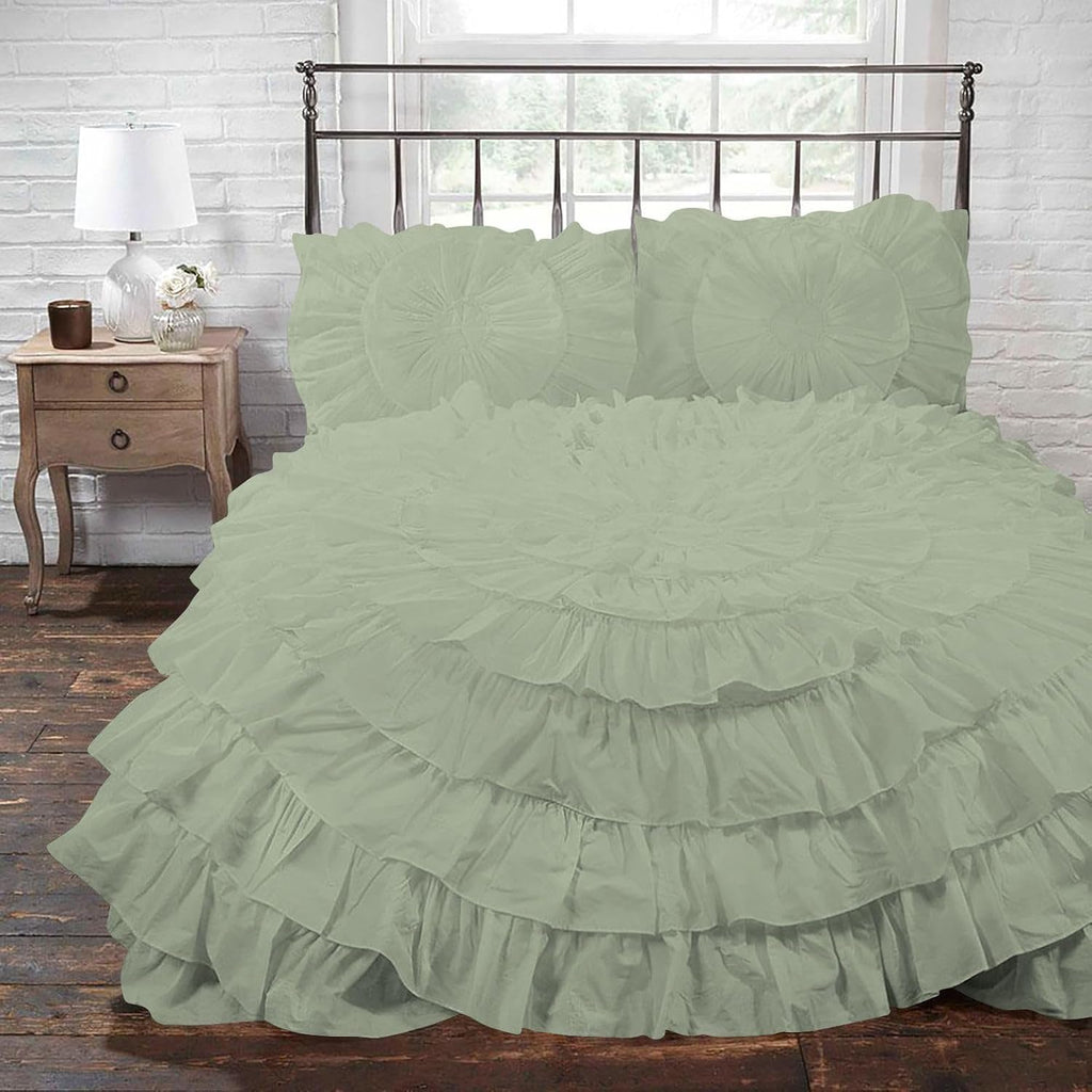 3 Piece 100% Egyptian Cotton Circle Ruffle Comforter Set, 550 GSM Filled Microfiber - Full/Queen Size, Light Sage Color - 1000 Thread Count