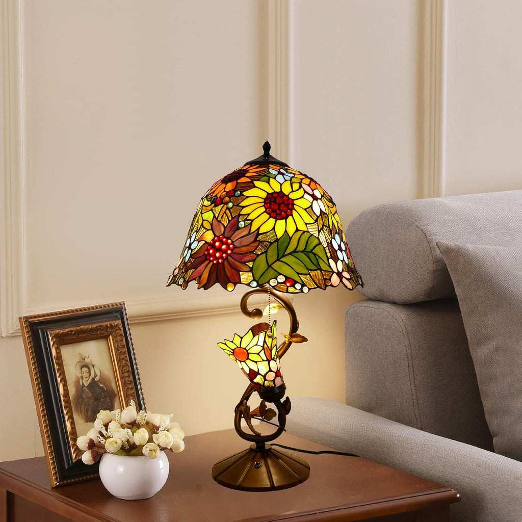 Sunflowers Tiffany Table Lamp Multi-Color Flowers Table Lamp Stained Glass Lamp 16X16X28 Inch Bedside Nightstand Reading Desk Light for Bedroom Home Office Decor, LED Bulb Included