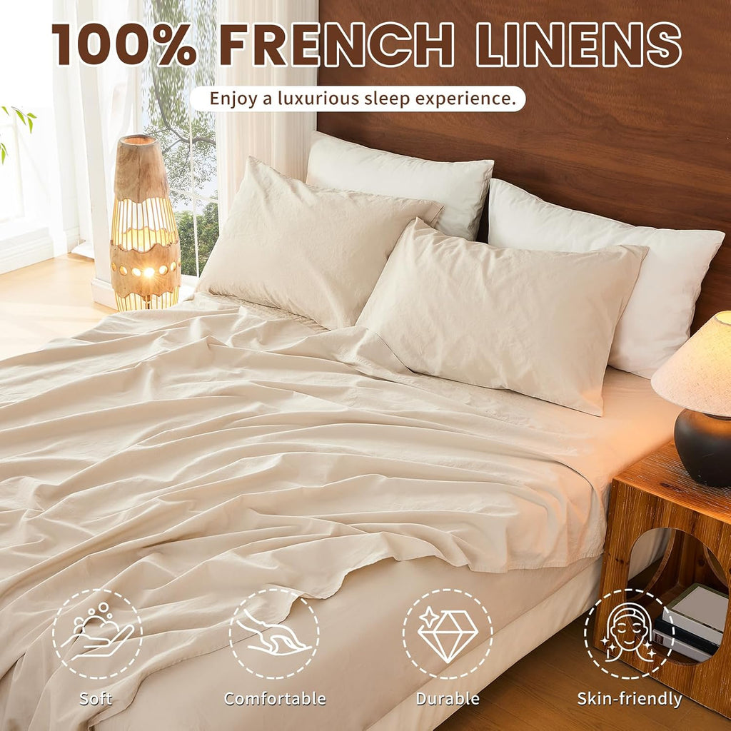 Bedlifes 100% French Pure Linen Sheets King Size Breathable and Cooling Flax Sheet Set Soft Durable and Moisture Wicking 16 Inch Deep Pocket-4 Piece(King,Linen)