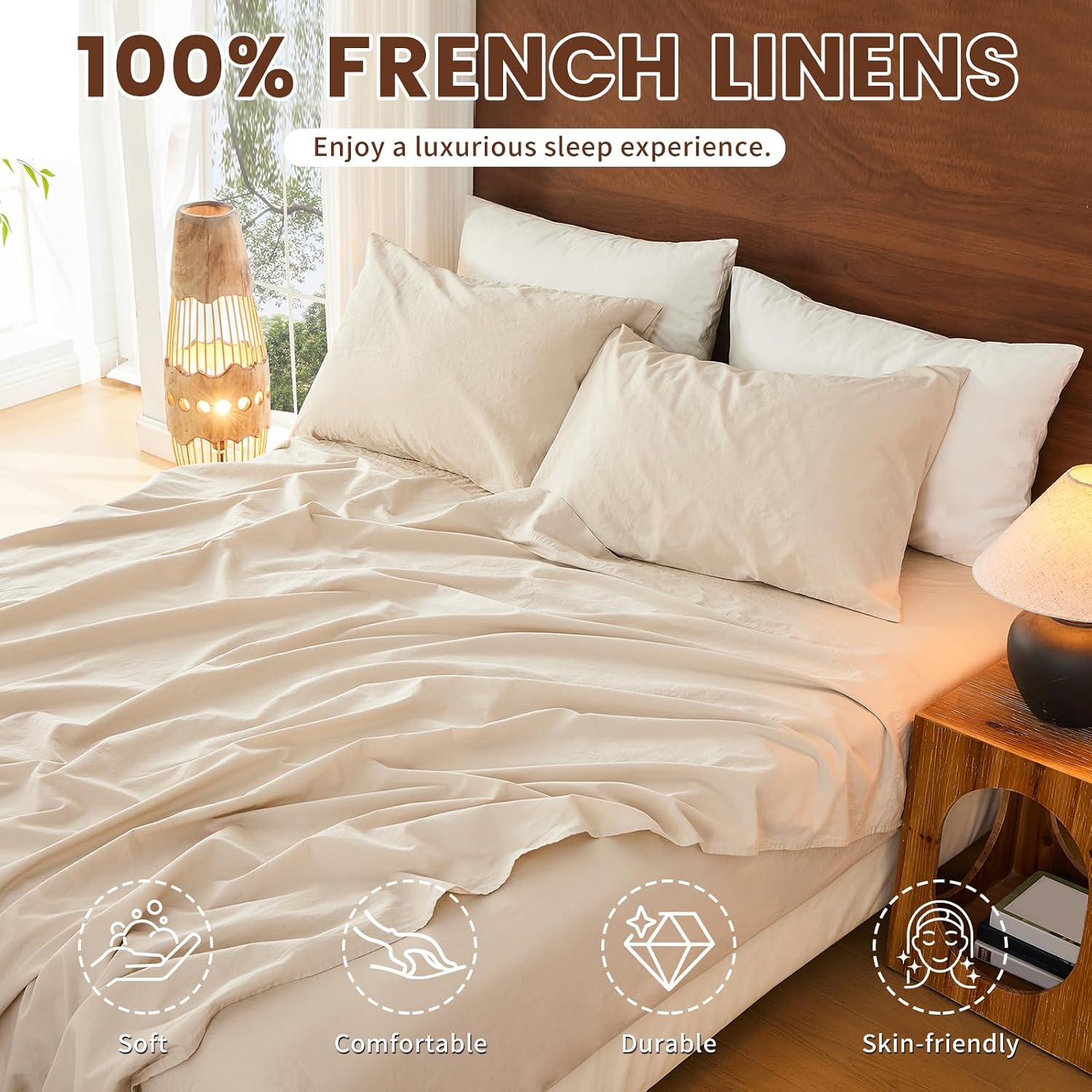 Bedlifes 100% French Pure Linen Sheets California King Size Breathable and Cooling Flax Sheet Set Soft Durable and Moisture Wicking 16 Inch Deep Pocket-4 Piece(Cal King,Linen)