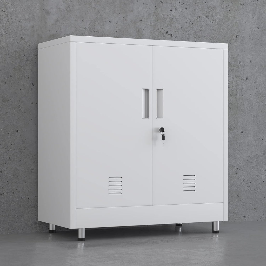 JINGUR Metal Storage Cabinet with Locking Doors and Adjustable Shelf, Small Lockable Sideboard Buffet Cabinet for Home Office Hallway Entryway Living Dining Room (White)