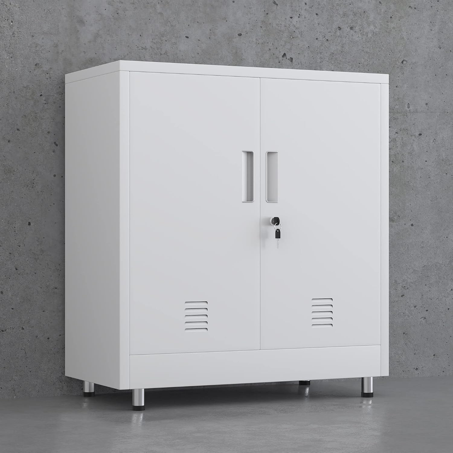 JINGUR Metal Storage Cabinet with Locking Doors and Adjustable Shelf, Small Lockable Sideboard Buffet Cabinet for Home Office Hallway Entryway Living Dining Room (White)
