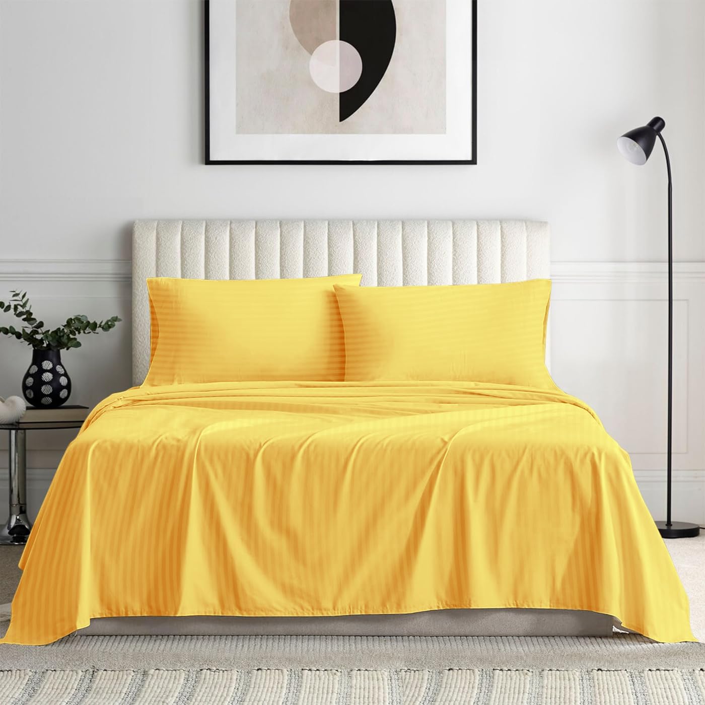 Luxury 1800 Thread Count Heavy Egyptian Cotton 4-PCs Sheet Set Fits Mattress 21-24'' Fully Elastic Deep Pocket (Queen Size) (Stripe, Gold)