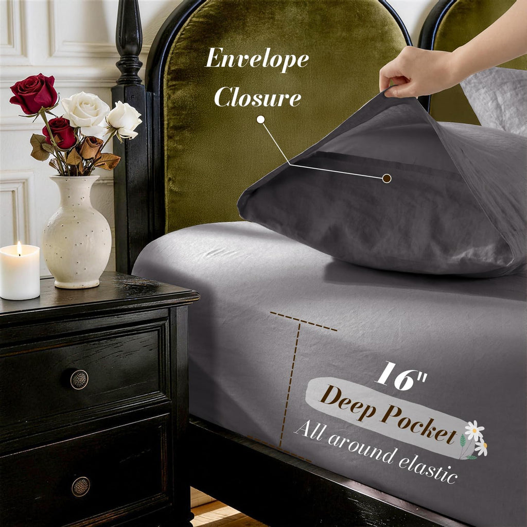 SONORO KATE 100% French Pure Linen Sheets, Breathable and Durable Linen Queen Size Sheets, Anti-Tear Linen Bed Sheets, Machine Washable, 16 Inch Deep Pocket - 4 Piece (Dark Grey, Queen)