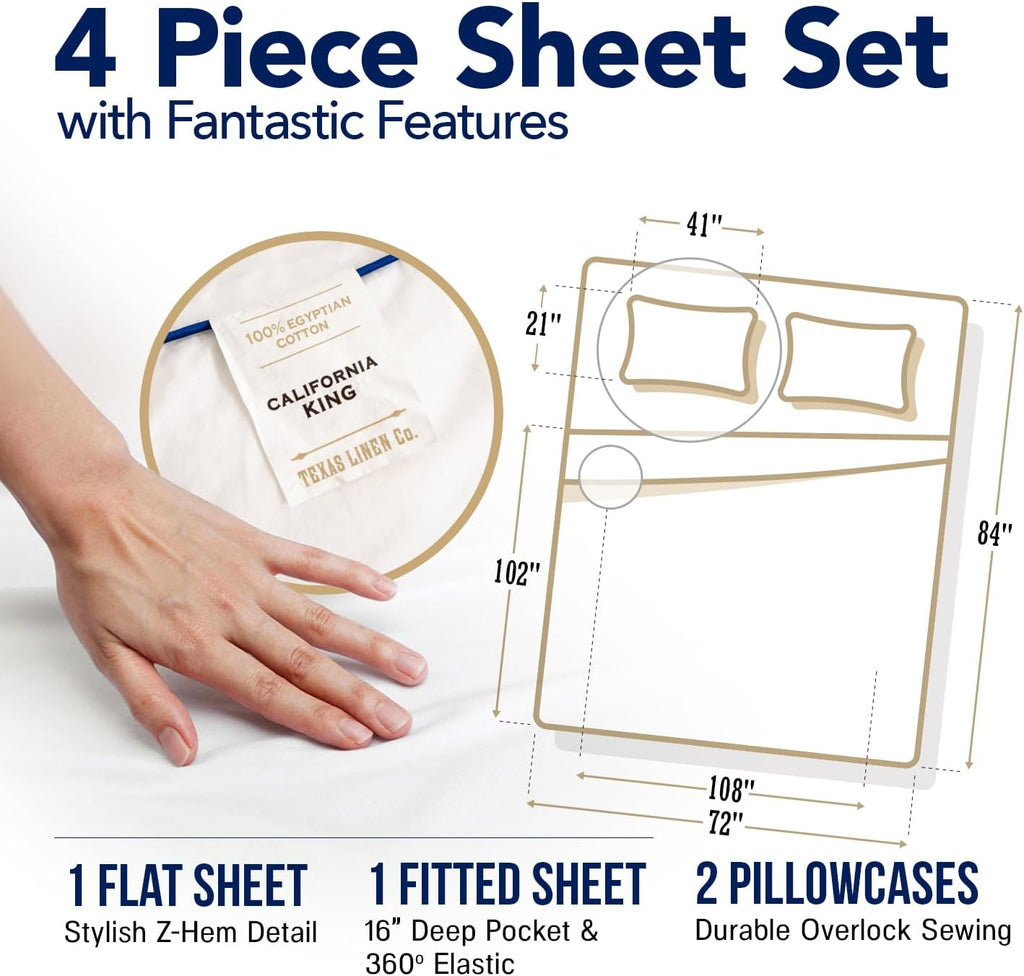 TEXAS LINEN CO. 100% Egyptian Cotton California King Sheet Sets - Luxury 1000 Series Lonestar Lovin' Collection Cal King Sheet Set (4 PC, Sea Foam), Cooling, 16' Deep Pocket Sateen Hotel Bed Sheets