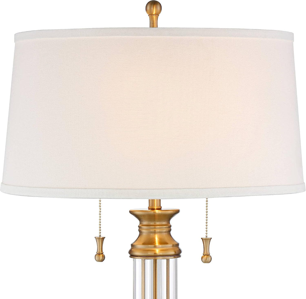 Vienna Full Spectrum Rolland Traditional Table Lamps 30' Tall Set of 2 Clear Glass Column Antique Brass Gold Off-White Fabric Drum Shade for Bedroom Living Family Room Bedside Nightstand House Home
