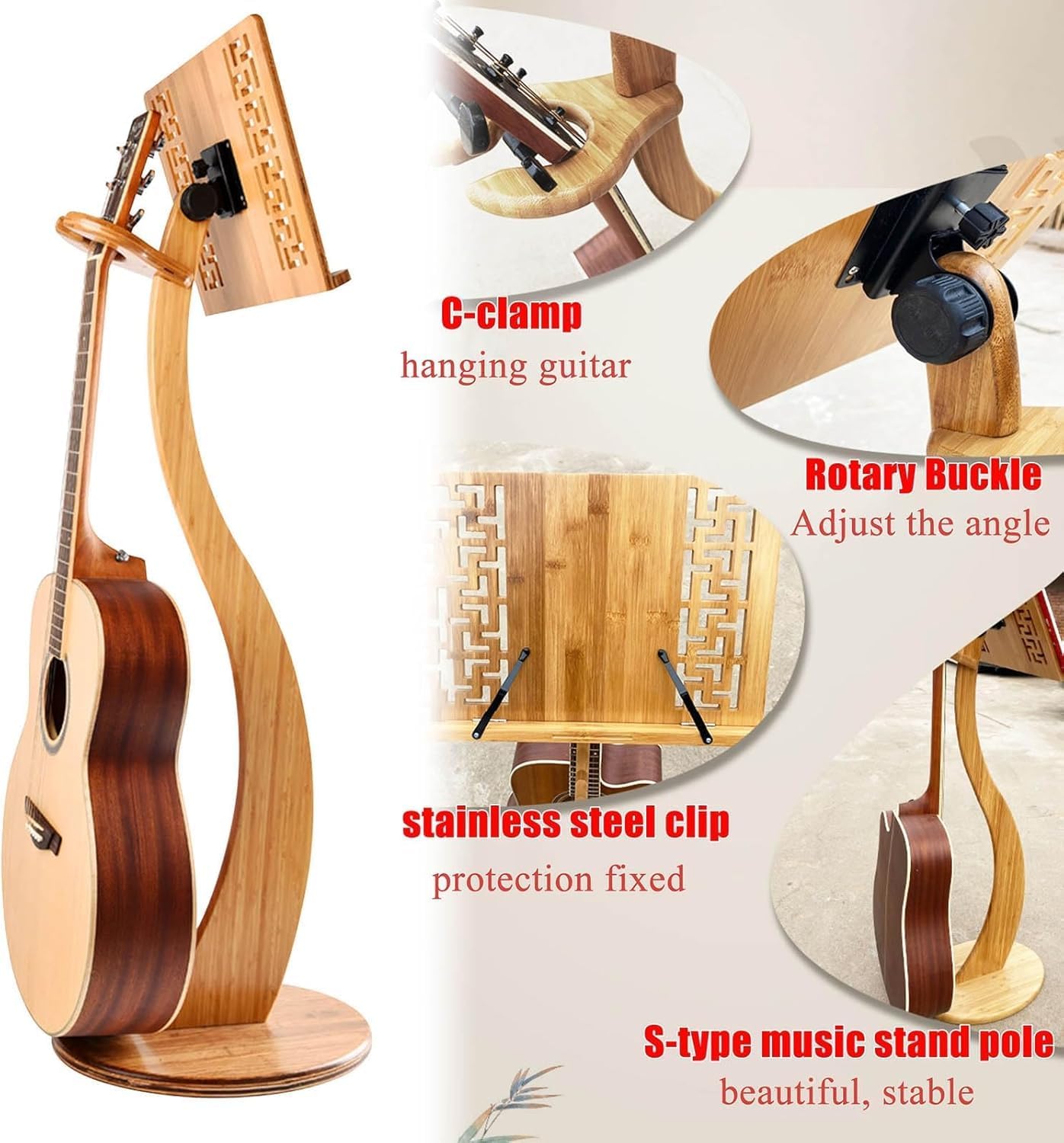 Tradition Wooden Music Sheet Stand, 2-in-1 bamboo Sheet Music Stand, Professional Music Book Holder, With Retro Hollow Elegant Pattern, Guitar Violin Music Stand
