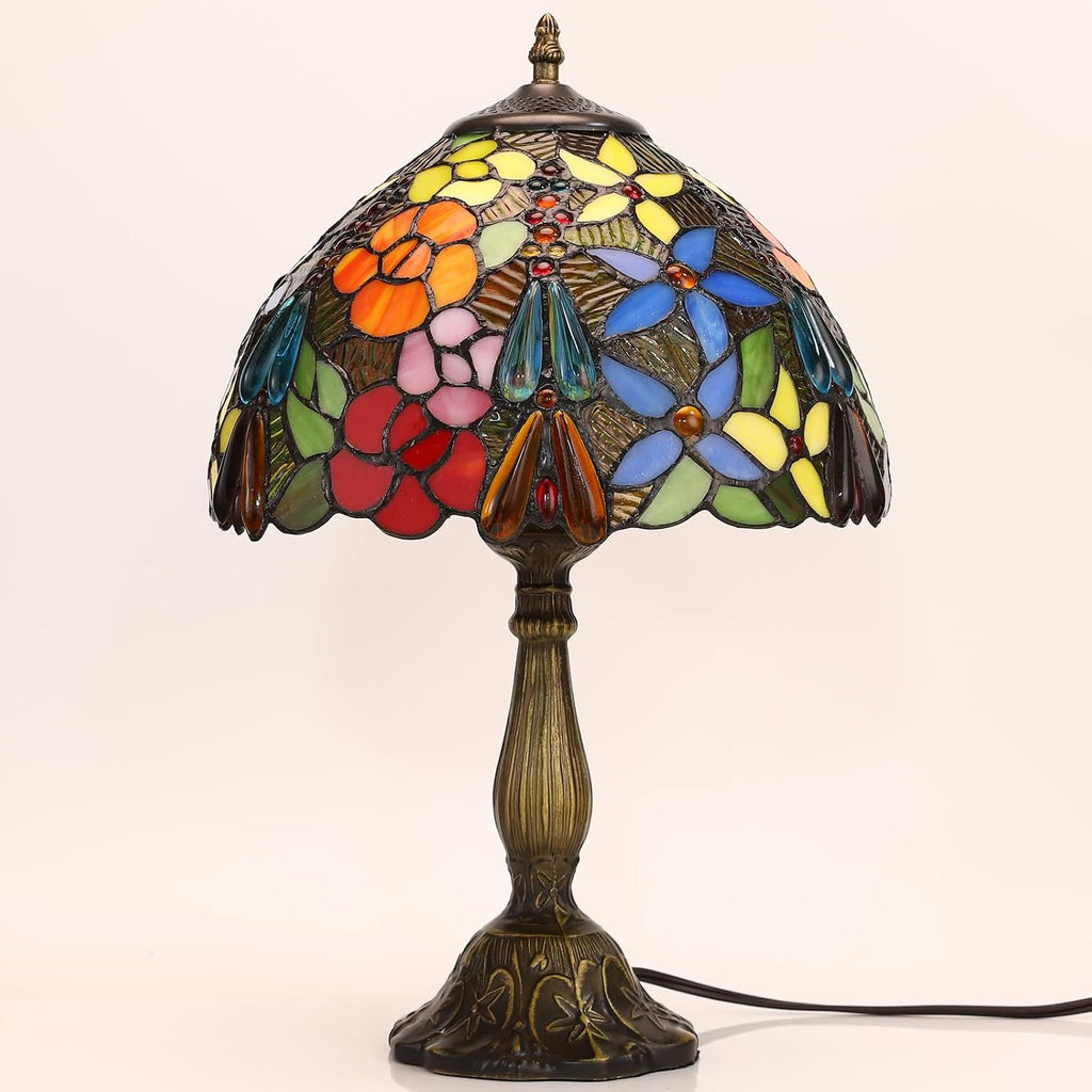 Tiffany Tall Table Lamps Bedside Nightstand Rose Flower Beads Stained Glass Table Lamp for Bedroom,Living Room,Dining Room Restaurant Hotel Desk Reading Light+LED Bulb,12X12X18 INCH