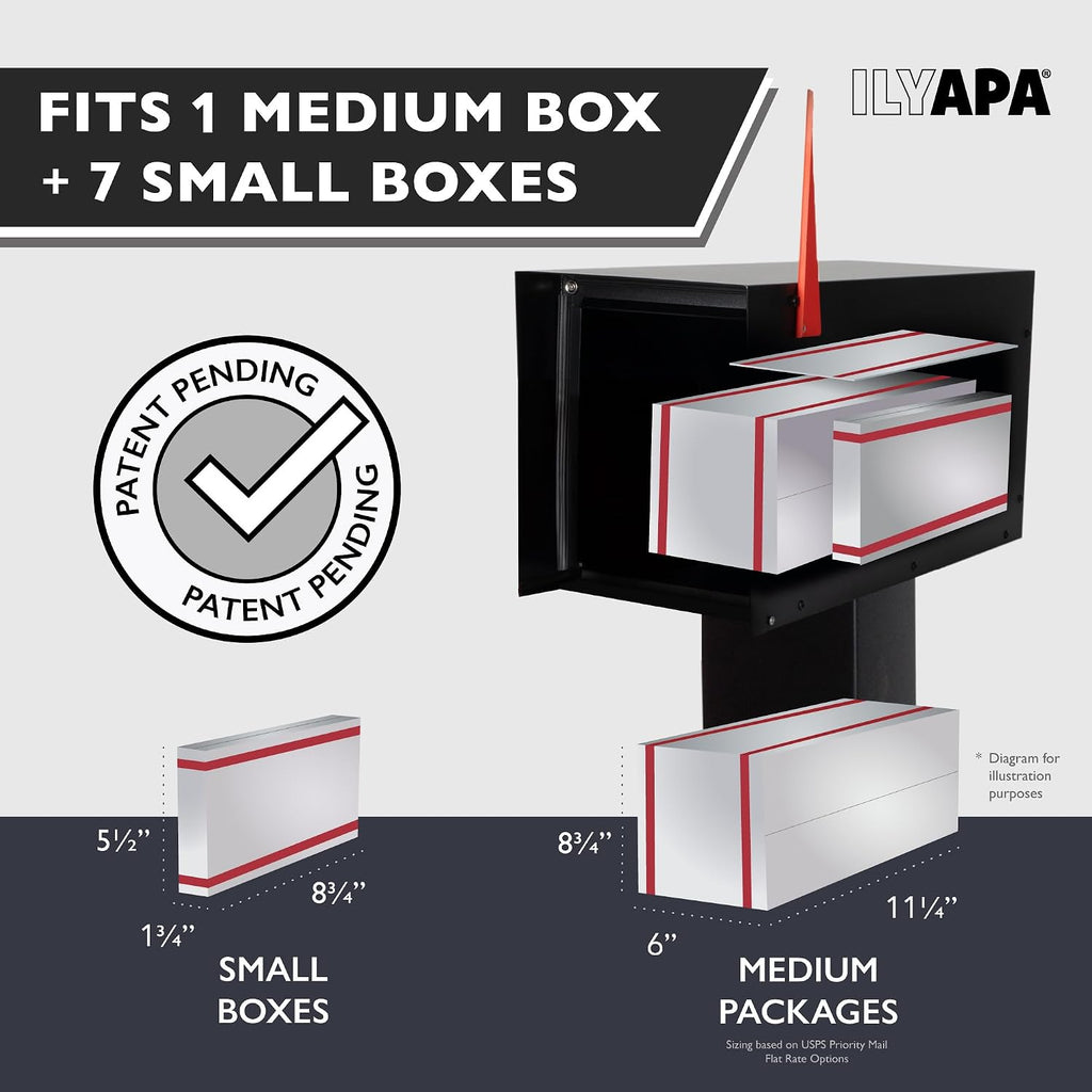 Ilyapa Modern Mailbox for Post Mount - Black Powder Coated Metal Mailbox with Printed Redwood Grain Trim - Waterproof for Parcels, Magnetic Close Door