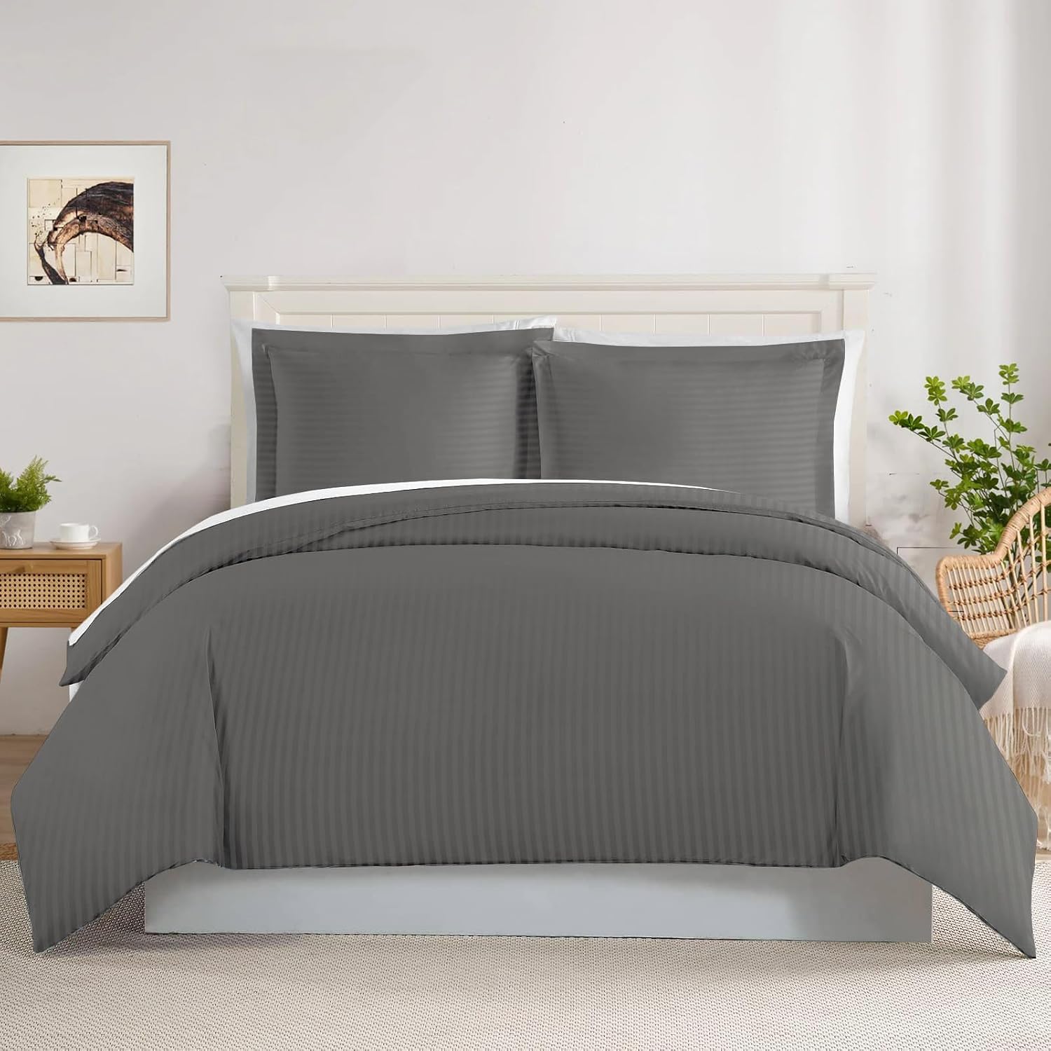 800TC 3 Sided Zipper Duvet Cover Set Soft Egyptian Cotton 3 Sided Zipper Closure, 3 PCS 1-Duvet Cover & 2- Pillow Shams - Oversize Queen Size (98' x 98') Inches, (Dark Grey Stripe)