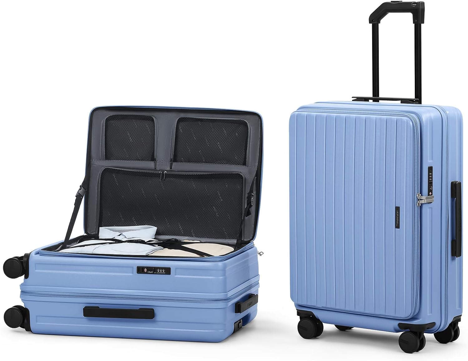 ROAMING 24 Inch Checked Luggage TOP Opening Rolling Suitcase PC hard sided luggage with Spinner Wheels Cup Holder Tsa Lock Specially Designed Ergonomic Pull Rod Handle for Travel Woman Men Blue