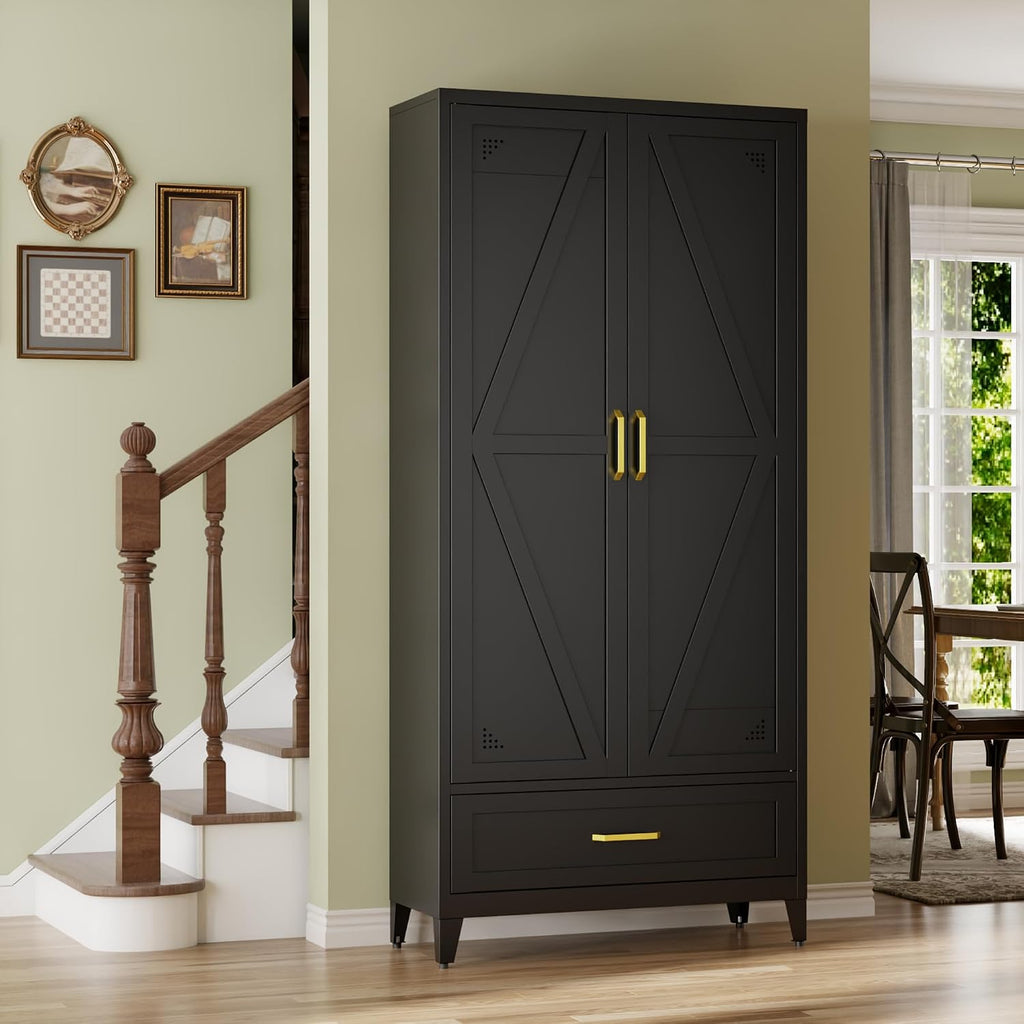 71' Tall Kitchen Pantry Storage Cabinet with Barn Doors, Drawer & Adjustable Shelves, Freestanding Storage Kitchen Cupboard, Versatile Food Pantry for Dining Room, 32' Wide,Black