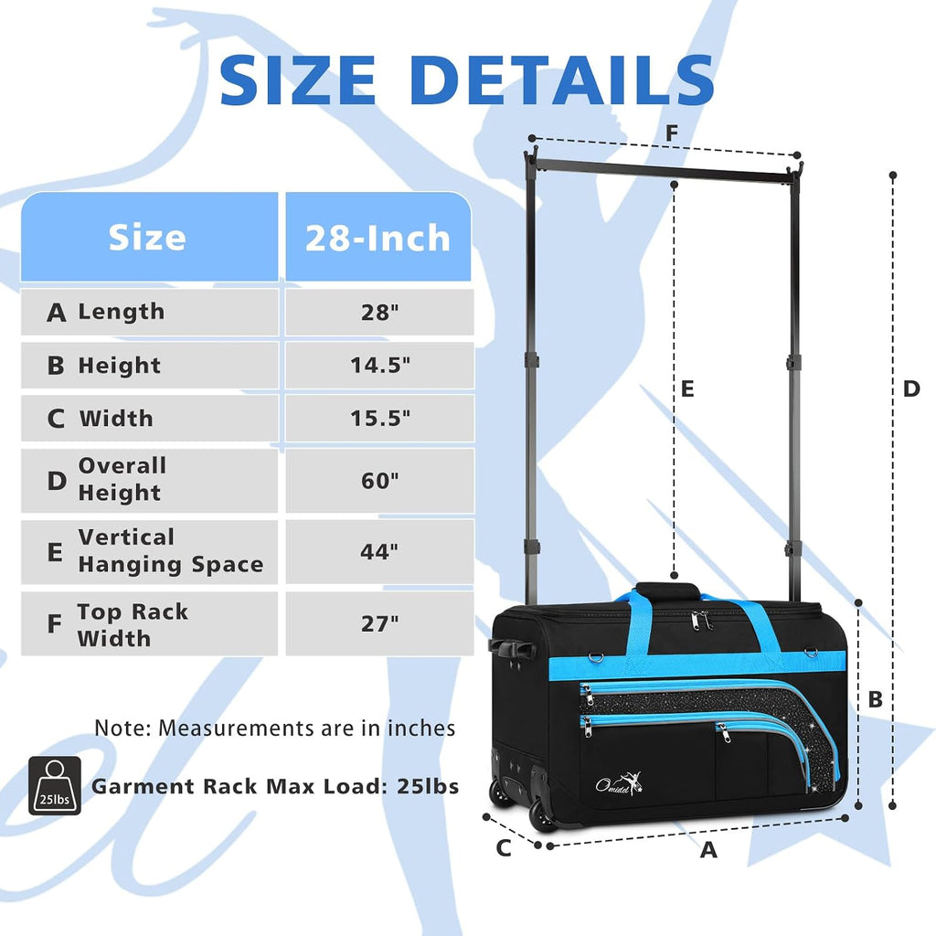 Dance Bag with Garment Rack, 28' Rolling Dance Suitcase Competition Duffle Bag with Garment Rack & Wheels | Versatile Compartments, Upgraded Stable System for Dance Shows, Travel, Cheer, Recital