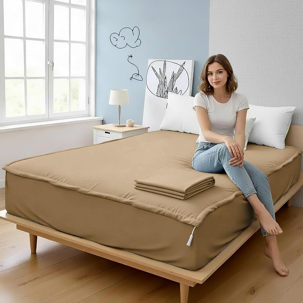 Zipper Fitted Sheet - Includes 1 Fitted Sheet Base & 2 Zip-On Sheets - Upto 16' in. Deep Pockets Queen Size Zipper Fitted Sheet - Easy to Change, Sateen Cotton 600 TC Fitted Sheet - Baige