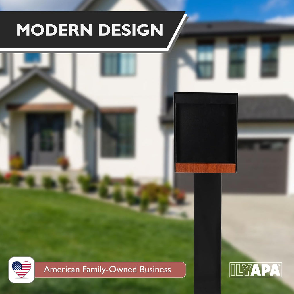 Ilyapa Modern Mailbox & Post Mount: 21' Black Heavy-Duty Metal Mail Box with Redwood Grain Trim & 43' Post Sleeve with Universal Mounting Plates for Curbside Residential Mailboxes