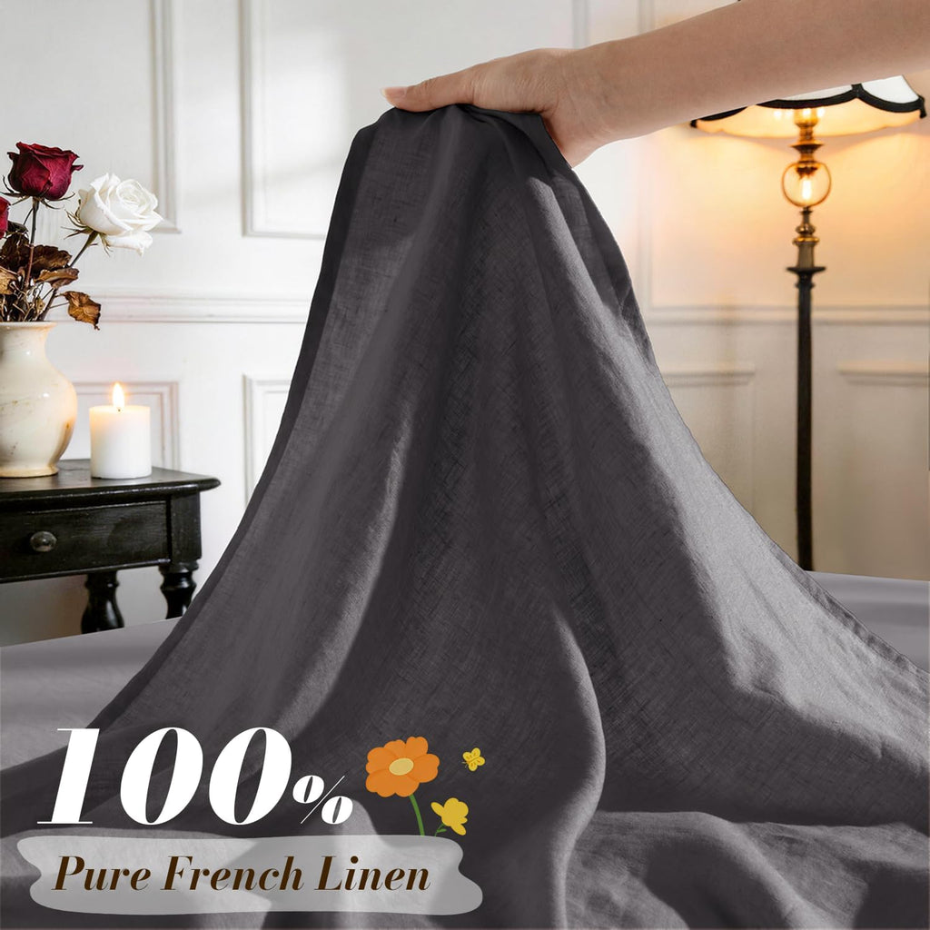 SONORO KATE 100% French Pure Linen Sheets, Breathable and Durable Linen Queen Size Sheets, Anti-Tear Linen Bed Sheets, Machine Washable, 16 Inch Deep Pocket - 4 Piece (Dark Grey, Queen)