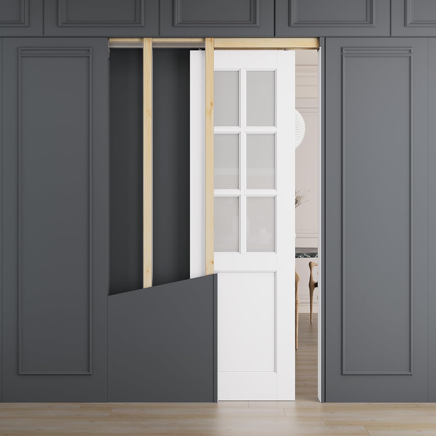 All-Inclusive Soft-Close Sliding Pocket Door 24' x 80' 6-Lite Frosted Glass Sliding Doors with Frame & Hardware Kit, Pocket Interior Doors for Home, White Primed